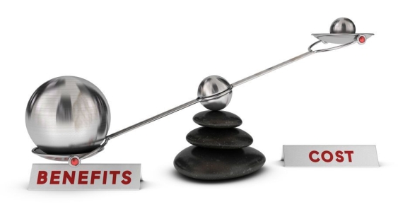 Benefits and cost of website management on a balance scale