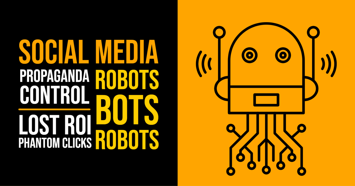 a graphic of robots with social media text